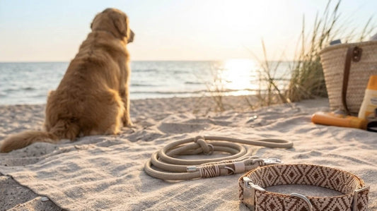 image d'un chien sur une plage, en fin de journée, avec sur le sol un collier Pattes & Velours